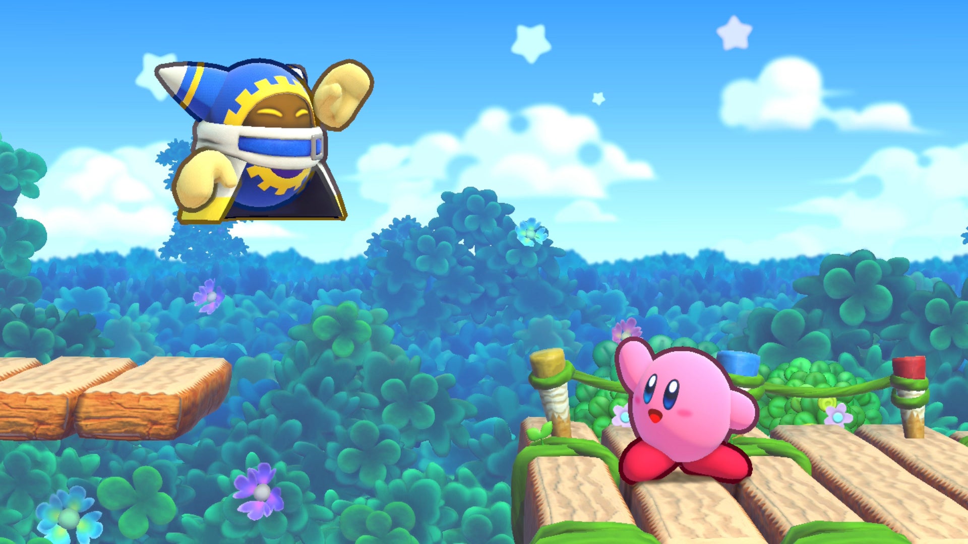 星のカービィの『Kirby Café (カービィカフェ)』ゲーム最新作『星のカービィ Wii デラックス』をモチーフにした期間限定デザートを3月3日より提供開始！のサブ画像2_Nintendo Switch用ソフト『星のカービィ Wii デラックス』のゲーム画面。 左上の青い衣装のキャラクターがマホロアです。