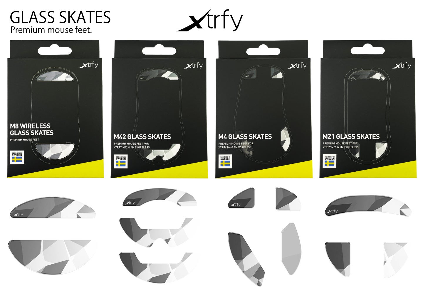 北欧ゲーミングデバイスブランド「Xtrfy」より、「XTRFY GLASS SKATES（ 強化ガラス マウスソール）」が新発売。Xtrfy マウスシリーズに対応、全4商品がラインナップ。のサブ画像2_XTRFY GLASS SKATES ラインナップ