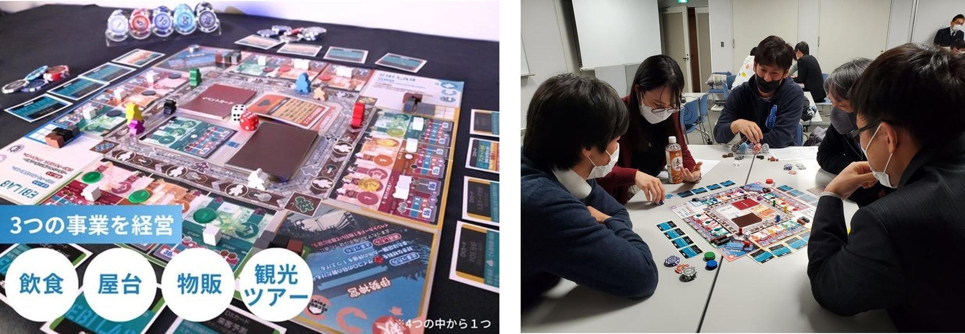 『wyEBIYA THE BOARD GAME』をMakuakeにて販売　―テクノロジーで、商いをアップデートする。創業150年の老舗食堂発ベンチャー企業EBILAB―のサブ画像3_左：プレイ中のゲーム盤イメージ／右：ゲームプレイイメージ