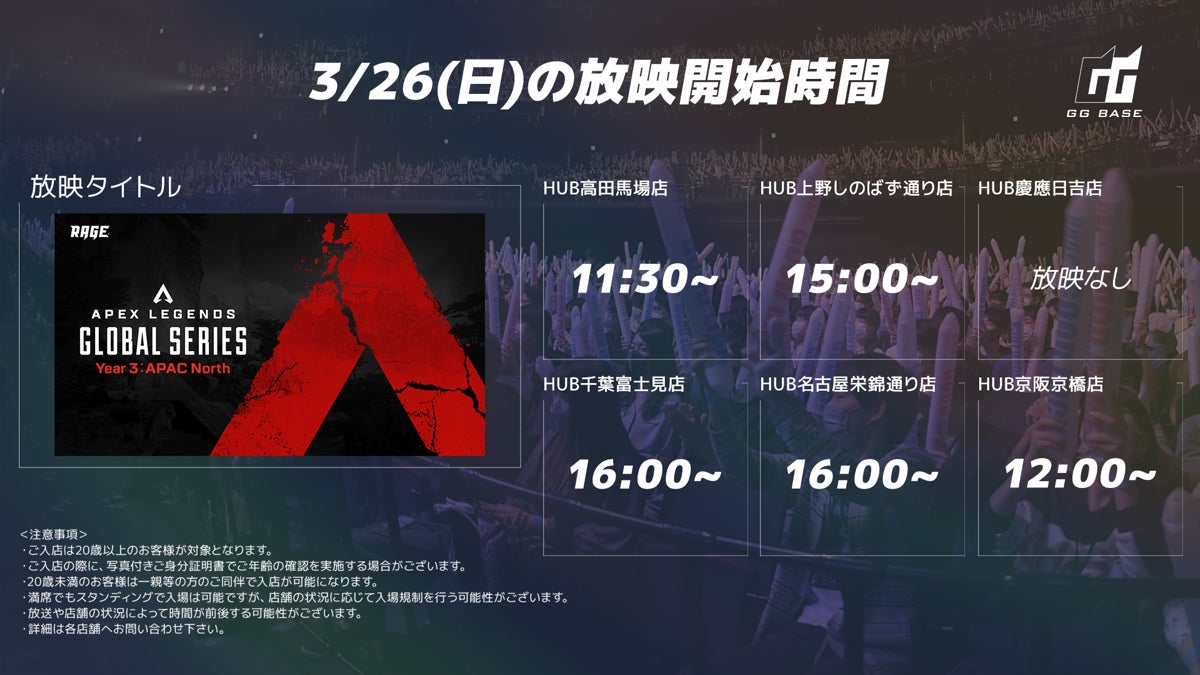 CyberE、eスポーツパブリックビューイングサービス「GG BASE」第二弾「Apex Legends Global Series Year3 Split 2 - APAC North」の放映決定！のサブ画像3