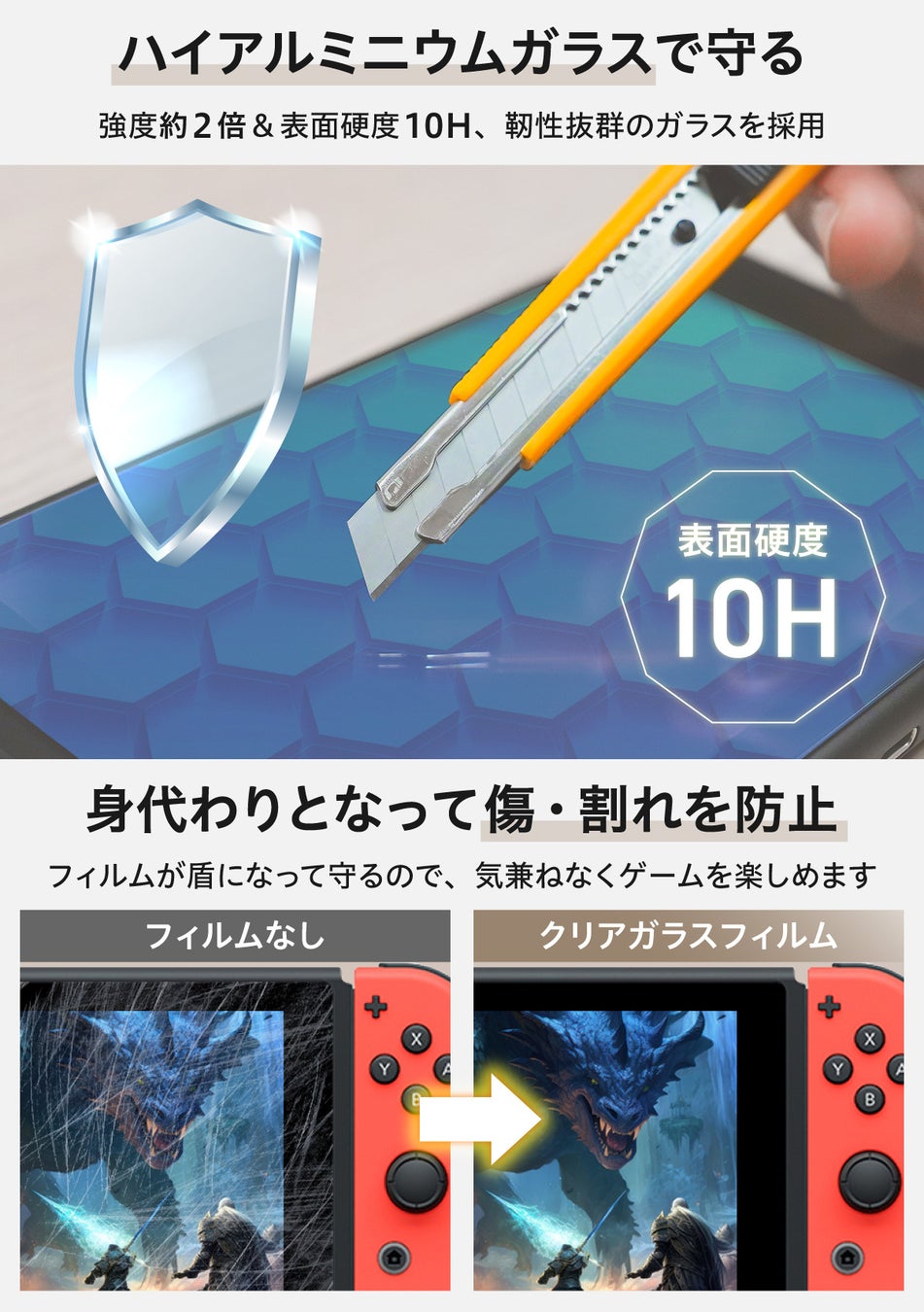 【発売記念価格】新ガイド枠で誰でも貼りやすい Switch(スイッチ)用 保護フィルム！持ち込みで貼ってくれる貼り付けサービス要らずの簡単さ！従来版＆有機EL 超透明グレアタイプ。苦手な人におすすめ！のサブ画像4