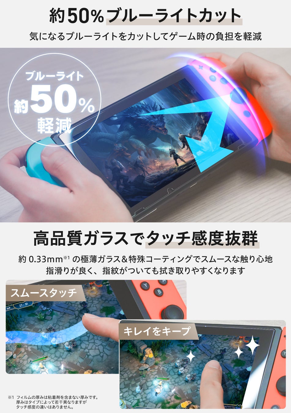 スイッチ保護フィルムはいらないと思っている方におすすめの約50％ブルーライトカットフィルム。うまく貼る技術不要の簡単ガイド枠！100均フィルムで失敗した方に「モンスターフィルム for Switch」のサブ画像5